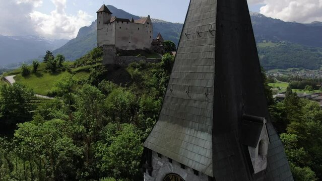 Flight over St. Nikolaus church and Gutenberg Castle, Balzers, Liechtenstein
