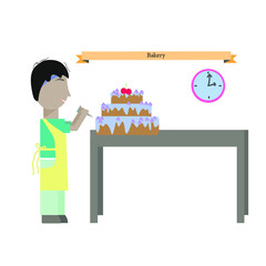 Person man bakes cake in the bakery