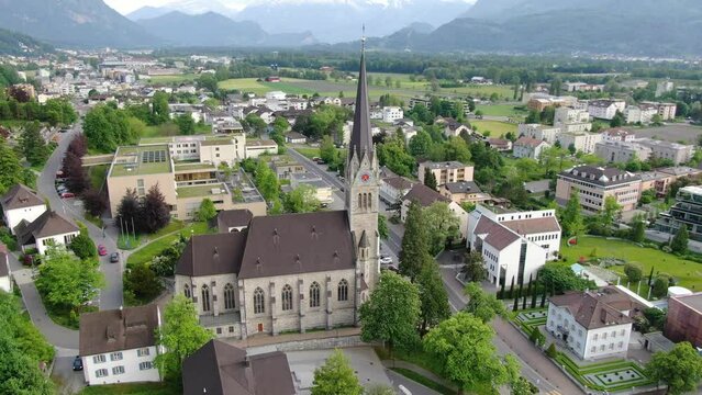 Aerial shot of Vaduz Cathedral (Cathedral of St. Florin), Liechtenstein, Europe