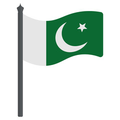 Flag of Pakistan. Vector illustration. The green fabric is decorated with a white stripe, a crescent and a star. The national symbol of the state develops in the wind. Flat style. Isolated background.