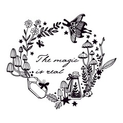 Fototapeta na wymiar A magical vector wreath of herbs, mushrooms, stars, butterflies, potions and flowers. Copy space.
