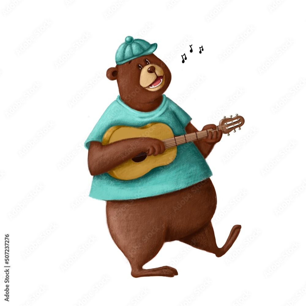 Wall mural funny singing bear with guitar, watercolor style illustration, music clipart