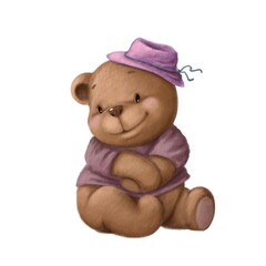 cute little plush bear, watercolor style illustration, birthday clipart with cartoon character