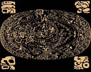 Abstract design with an ancient Mayan ornament. Images of characters of ancient American Indians.
The Aztecs, Mayans, Incas.Ancient signs of America on a black background. 