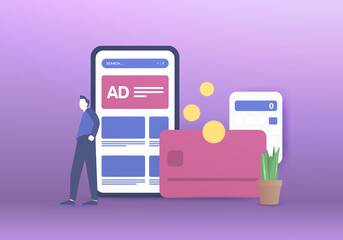 Mobile App Advertising Revenue concept. Increasing in-app Ad, optimization pay per click ads revenue. PPC digital marketing strategy vector illustration