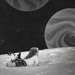 Contemporary art collage. Dreaming little girl lies on surface of an unknown planet in space isolated on dark starry background, outer space. Concept of dreams, aspiration, art