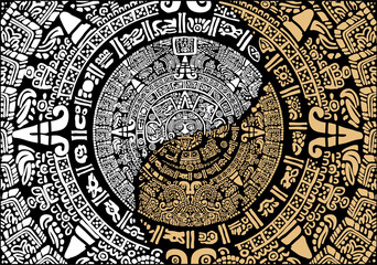Mayan calendar.Mask of the ancient peoples of America.Images of characters of ancient American Indians.The Aztecs, Mayans, Incas.

Signs and symbols of the ancient world. Mexican ancient Mayan calenda