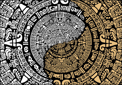 Mayan calendar.Mask of the ancient peoples of America.Images of characters of ancient American Indians.The Aztecs, Mayans, Incas.

Signs and symbols of the ancient world. Mexican ancient Mayan calenda