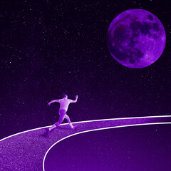 Young stylish man running down the road for his dream isolated over purple background. Concept of...