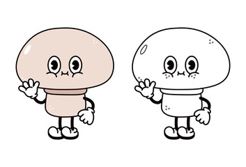 Cute funny mushroom waving hand character outline cartoon illustration for coloring book. Vector hand drawn traditional cartoon vintage, retro, mushroom character. Isolated on white background