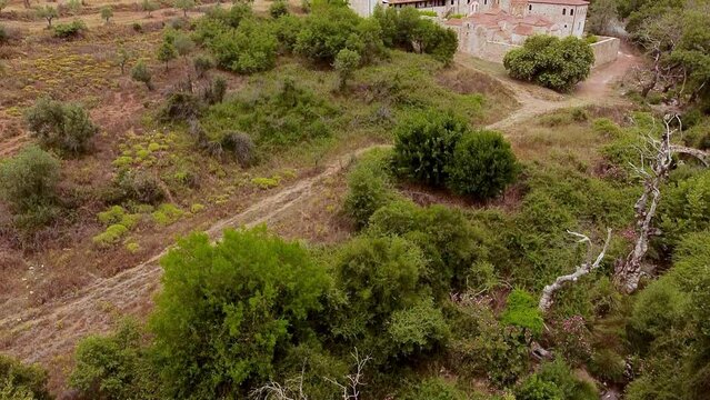 Aerial view of Metamorphosis of the Savior monastery or Antromonastiro in Greece