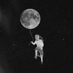 Contemporary art collage. Happy little girl running with air balloon isolated on dark starry background, outer space. Concept of dreams, aspiration, art