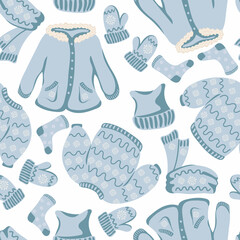 Seamless pattern with warm clothes, mittens, jacket, scarf and hat on white background. Winter seasonal design. Suitable for textile, fabric, wallpaper, wrapping. Vector illustration.