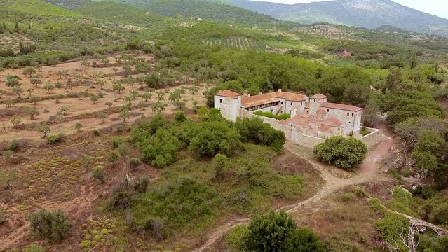 Aerial view of Metamorphosis of the Savior monastery or Antromonastiro in Greece