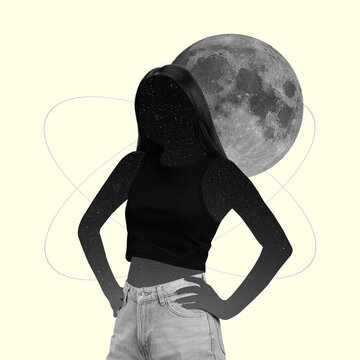 Silhouette of an unknown girl isolated on unknown planet background. Monochrome. Contemporary art collage.