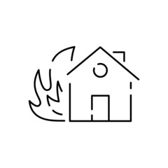 Fire damage house insurance line icon. Linear style sign for mobile concept and web design. Disaster outline vector icon. Symbol, logo illustration. Vector graphics. Save and protect