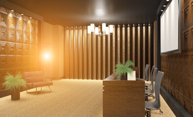 Open space office interior with like conference room. Mockup. 3D rendering.. Sunset.