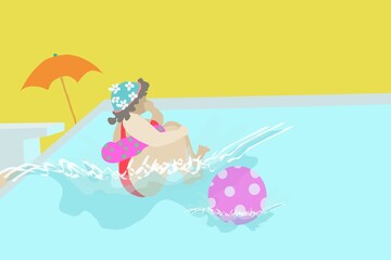 Frau springt mit Bombe in Swimmingpool, hält sich die Nase zu und hat Schwimmreifen, Sommerszene, dicke Frau