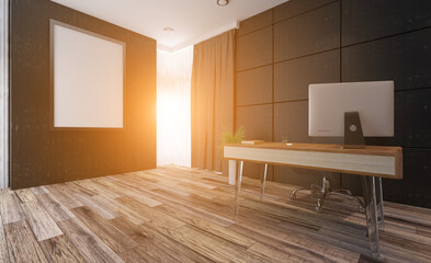 Office interior design in whire color. 3D rendering.. Sunset.