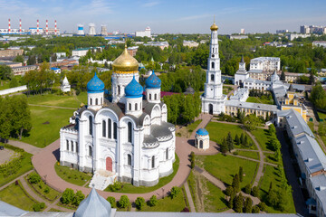 Drone view of Nikolo-Ugreshsky monastery on sunny summer day. Dzerzhinsky, Moscow Oblast, Russia.