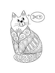 Coloring page with a dreaming cat