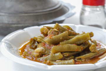 Traditional delicious Turkish foods; green beans with olive oil (Zeytinyagli fasulye)