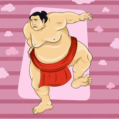 Sumo Wrestler standing in an aggressive stance with one leg up. Big Tall Huge Angry Man. Japanese Sport.