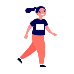Girl running marathon. Family jogging in city park. Vector illustration for lifestyle, outdoor activity, sport, leisure, fitness concept