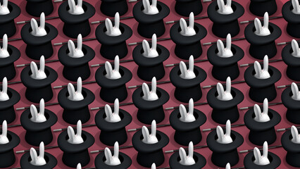 3D Illustration of Magician’s Top Hat with Cute Bunny Rabbit and Magic Wand Concept Abracadabra Pull a Rabbit out of My Hat Presto Pattern on Pink Background
