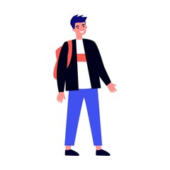 Student with books and backpacks standing together. Teen girls and guys meeting and talking. Vector illustration