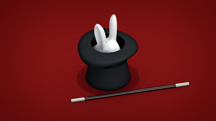 3D Illustration of Magician’s Top Hat with Cute Bunny Rabbit and Magic Wand Concept Abracadabra Pull a Rabbit out of My Hat Presto Isolated on Red Background
