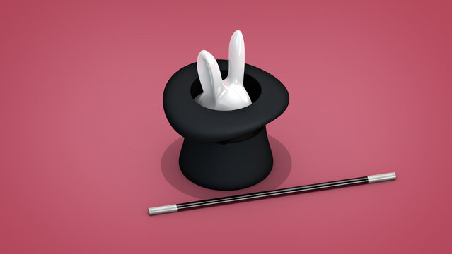 3D Illustration of Magician’s Top Hat with Cute Bunny Rabbit and Magic Wand Concept Abracadabra Pull a Rabbit out of My Hat Presto Isolated on Pink Background

