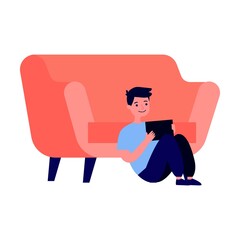 Boy suffering from social media addiction. Parent and child sitting together at home and using digital devices