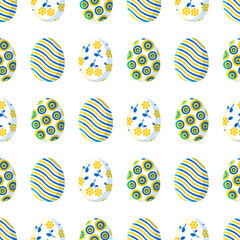 Happy easter. Seamless pattern with cute painted eggs in blue and yellow colors for fashion textiles, decorative fabrics.