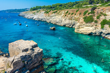 PORTO MIGGIANO, ITALY, 13 AUGUST 2021 Amazing crystal clear waters in Porto Miggiano Beach,...