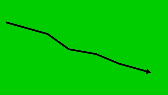 Animated black arrow. Recession chart of economy. Economic crisis, recession, decrease graph. Profit down. Vector illustration isolated on green background.

