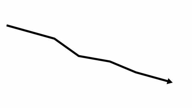 Animated black arrow. Recession chart of economy. Economic crisis, recession, decrease graph. Profit down. Vector illustration isolated on white background.