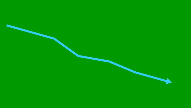 Animated blue arrow. Recession chart of economy. Economic crisis, recession, decrease graph. Profit down. Vector illustration isolated on green background.
