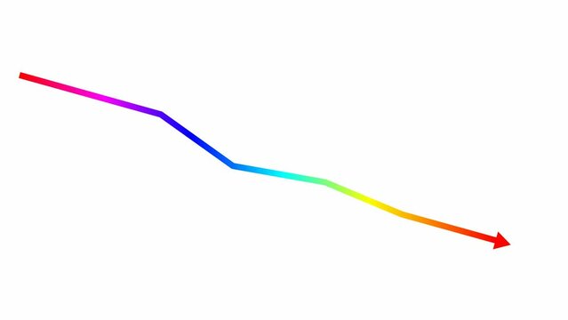 Animated multicolored arrow. Recession chart of economy. Economic crisis, recession, decrease graph. Profit down. Vector color illustration isolated on white background.