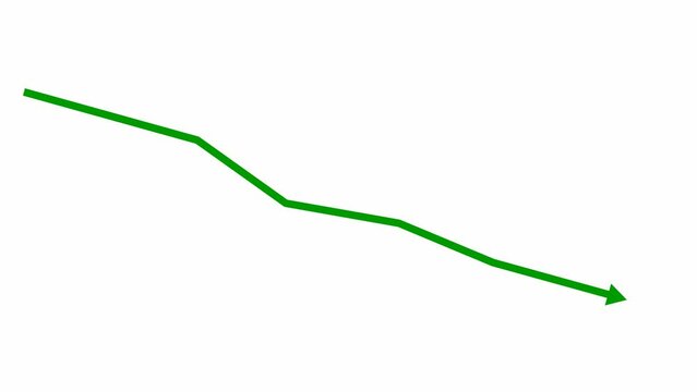 Animated green arrow. Recession chart of economy. Economic crisis, recession, decrease graph. Profit down. Vector illustration isolated on white background.