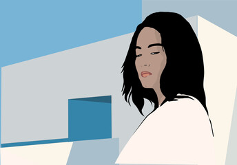 An Asian woman wears a white clothes in front of white building under a blue sky. Vector 