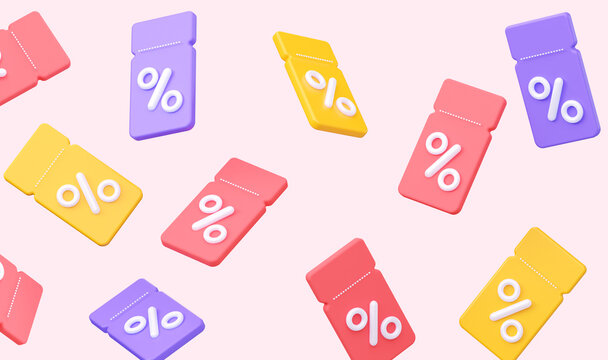 Background coupons with percent. Flying yellows tickets, pink and purple color. Discount, profitable purchases. 3d rendering illustration. Isolated on pink background