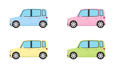 横から見たカラフルな軽自動車（パステルカラー）
