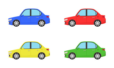 横から見たカラフルな普通車（ビビットカラー）
