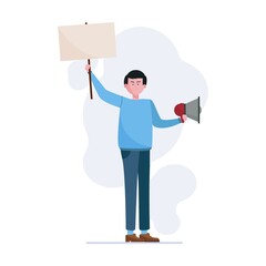 Young man at protest. Activists and protesters flat vector illustration. Activism, crisis, conflict concept for banner
