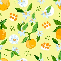 Vector seamless pattern of oranges on a yellow background. Orange tree leaves, flowers and fruits. Design for printing on textiles, packaging, paper, wallpaper.