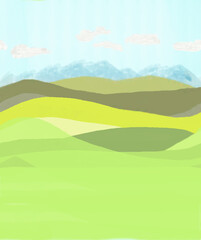 草原と草と山の横シームレス風景イラスト_背景_シームレス