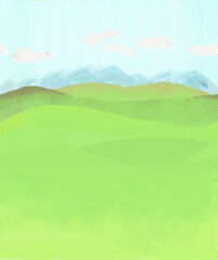 Horizontal seamless landscape illustration of meadows, grass and foggy mountains_background