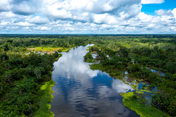 Peru. Aerial view of Rio Yanayacu. Top View of Amazon Rainforest, near Iquitos, Peru. South...