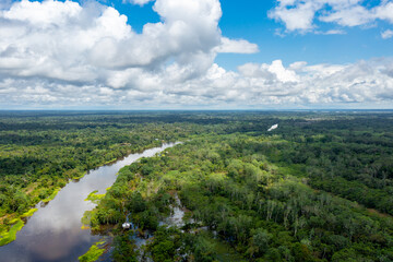 Peru. Aerial view of Rio Yanayacu. Top View of Amazon Rainforest, near Iquitos, Peru. South...